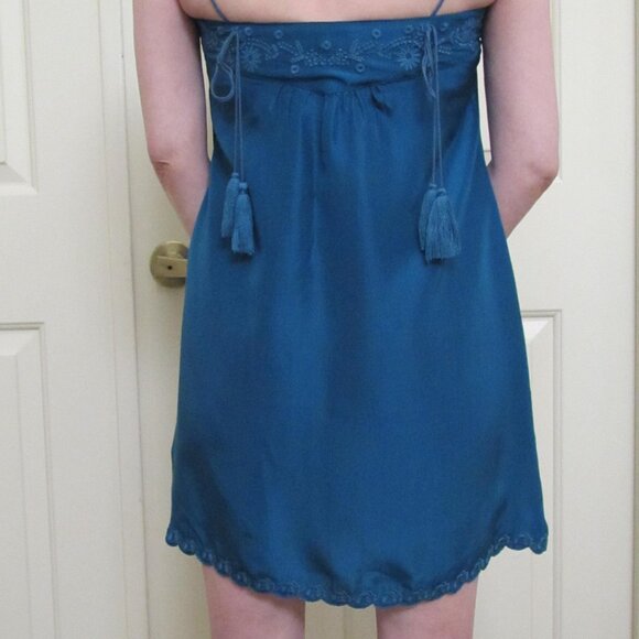 NWT Joie 100% Silk Moroccan Blue Tassel-Drawstrings Spaghetti-Straps Mini Dress - Picture 2 of 10